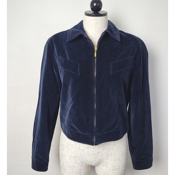 Carlisle Vintage 80's Dark Blue Velvet Cropped Jacket Zip Front Size 8 - Picture 12 of 12